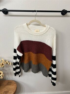 Harper Colorblock Crewneck Sweater in White, Burgundy & Mustard
